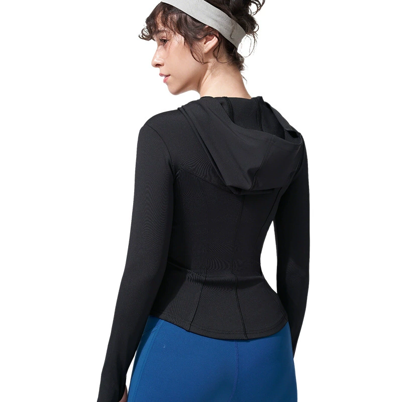 Summer breathable yoga clothing, travel long-sleeve with zipper, quick dry jacket for leisure with hood, fitted, for running