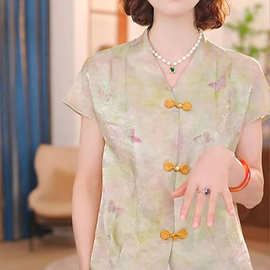 新中式妈妈夏装上衣短袖衬衫2026新款中老年女国风衬衫