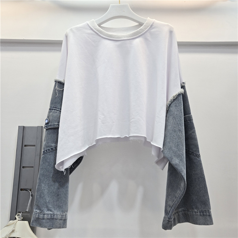 Sudadera de Mezclilla Combinada de Manga Larga con Cuello Redondo