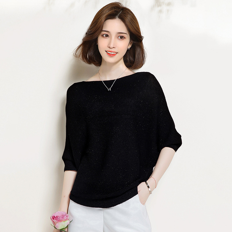 Ice Silk sweater women's half sleeve off-shoulder top three-quarter sleeve belly covering slimming casual short sleeve off-shoulder batwing shirt
