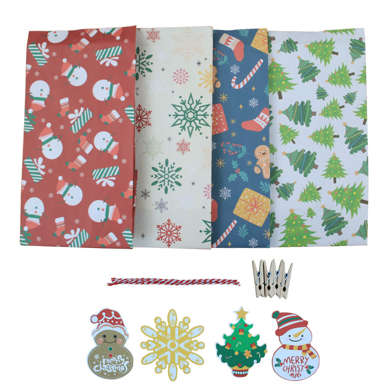 Christmas 4-color square-bottom paper bags, food bags with clips, hang tags, kraft paper baking oil-proof packaging bags