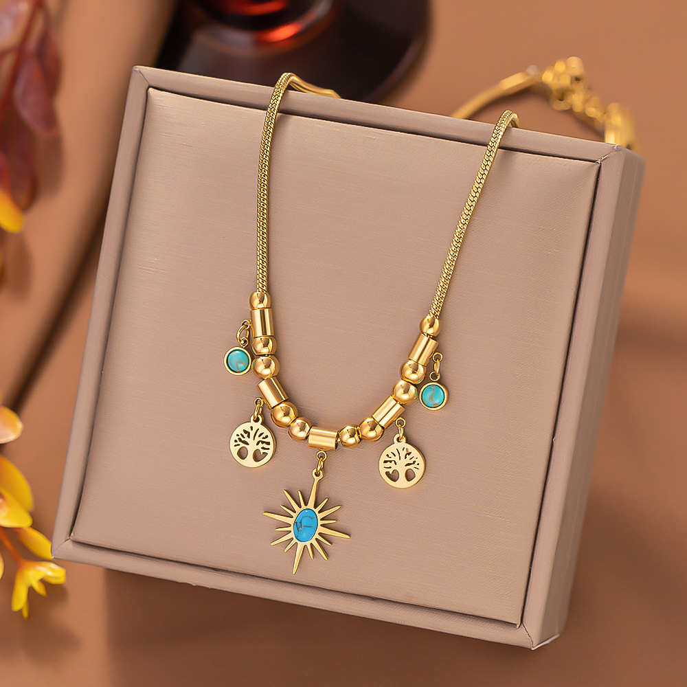 Daily Occasion 304 Stainless Steel Material Sun, Tree Pattern Women'S Gender PVD Coated Real Gold Plated 18K Gold Sun Tree 304 Stainless Steel Streetwear Waterproof Non Tarnish Bracelets Necklace