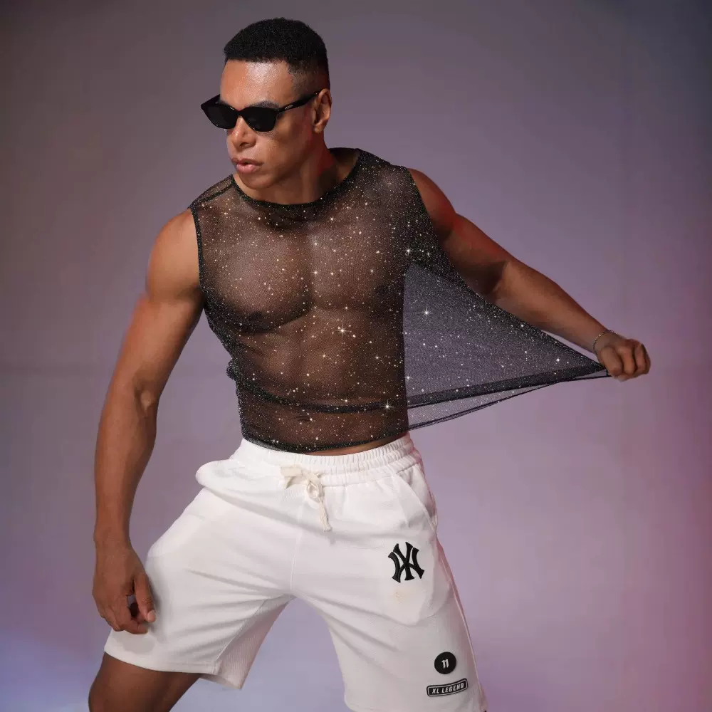 亚马逊欧美男装音乐节派对背心男银丝细闪上衣夜店派对透视上衣