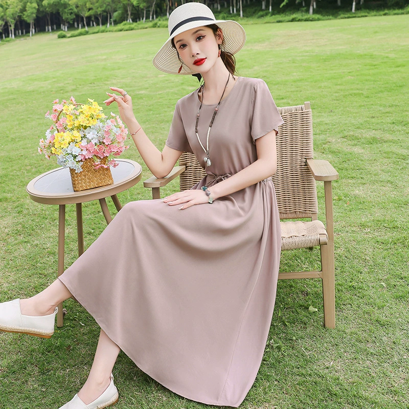 Хлопково-шелковое платье в западном стиле с цветочным принтом для женщин, летняя новая стильная элегантная классная верхняя одежда для мам, юбка из искусственного хлопка для людей среднего и пожилого возраста