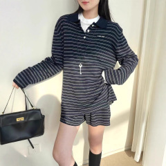 高级感条纹针织套装女秋冬新款宽松软糯POLO衫上衣配短裤两件套潮