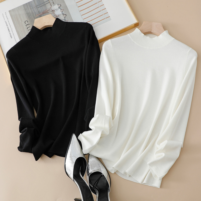 Pinrong Autumn and Winter New Worsted Wool Sweater Women's Half Turtleneck Slim Stretch Long-Sleeved Knitted Bottoming Sweater Thin Sweater Pinrong Autumn and Winter New Worsted Wool Sweater Women's Half Turtleneck Slim Stretch Long-Sleeved Knitted Bottoming Sweater Thin Sweater