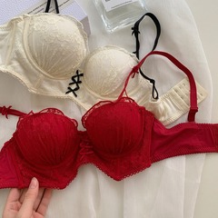 甜美法式蕾絲紅色本命年內衣女無鋼圈防下垂小胸聚攏上托顯大文胸