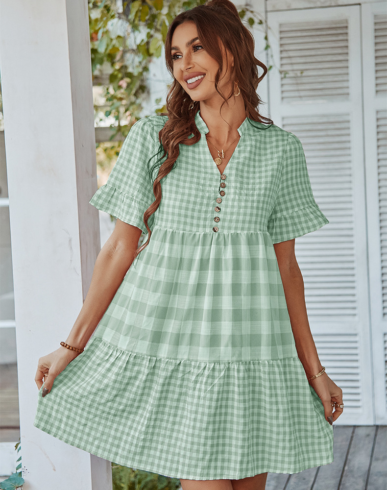 Button Plaid Short Sleeve V Neck Stitching Dress NSDY114679