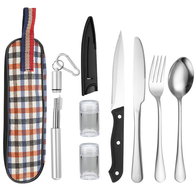 Cross-Border Amazon Tableware Set Stainless Steel Knife, Fork, Spoon, Straw, Seasoning Bottle 8-Piece Set Outdoor Camping Portable Cross-Border Amazon Tableware Set Stainless Steel Knife, Fork, Spoon, Straw, Seasoning Bottle 8-Piece Set Outdoor Camping Portable