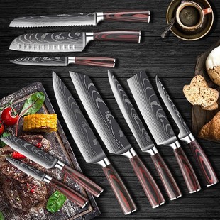 Spot Cross-Border Stainless Steel Popular High-Value Damascus Pattern Color Wooden Handle Kitchen Household Knife Set Wholesale
