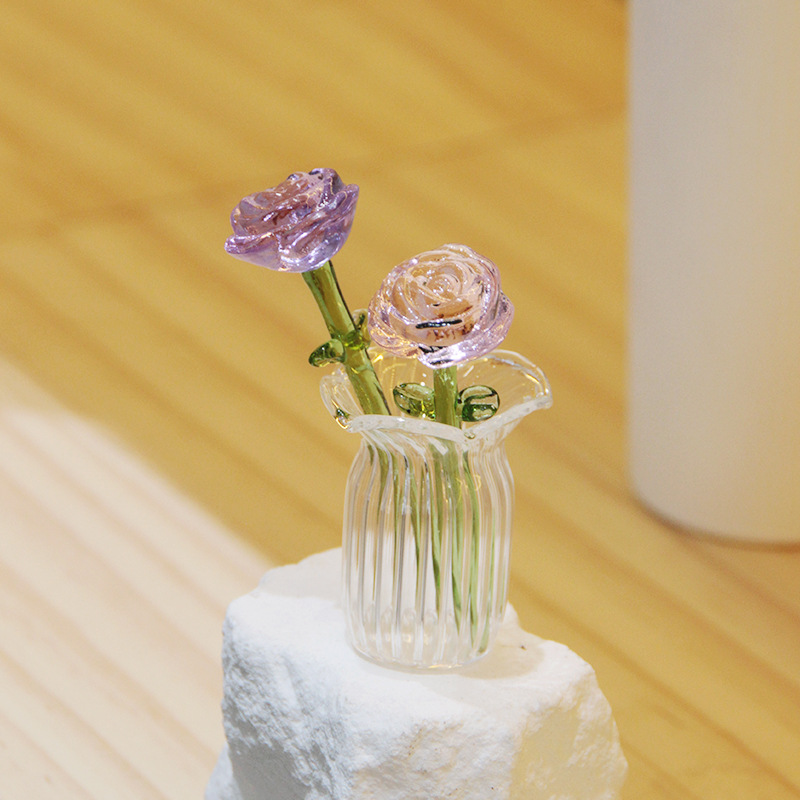 Zibo Glazed Small Flower Ornaments, Simulated Bouquet, Vase, Rose Flower Arrangement, Glass Eternal Flower Gift, Desktop Decoration