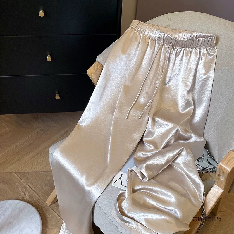 Summer Slimming Versatile Acetate Satin Elastic High-Waisted Casual Pants Regular Champagne Color Regular Black Summer Slimming Versatile Acetate Satin Elastic High-Waisted Casual Pants Regular Champagne Color Regular Black