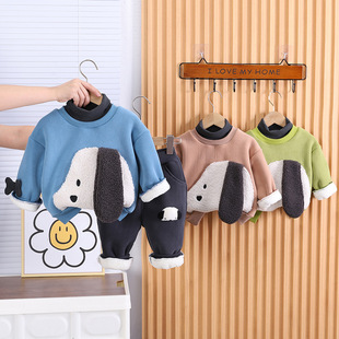 Children's clothing wholesale 2023 children's clothing boys' fleece-lined cartoon long sleeve turtleneck sweater suit two-piece set
