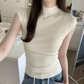 韩版修身显瘦纯色短款针织短袖t恤女夏季新款紧身显瘦打底上衣