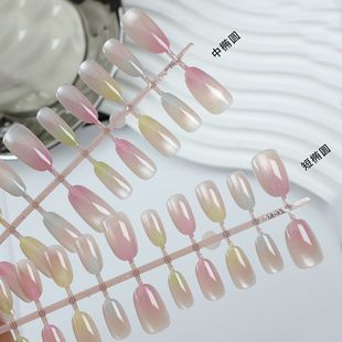 30 pieces of handmade nail wear nail dopamine gradient chasing cat's eye nail piece simple blush spring and summer fake nails