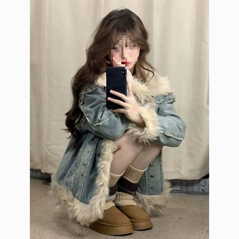 Корейский маленький школьный стиль джинсовая шерстяная куртка