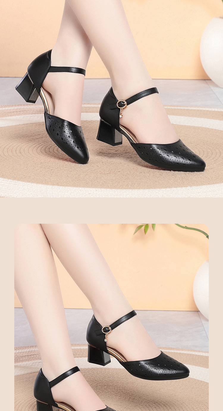 Sandal cao gót nữ mũi hở da thật phong cách cổ điển — màu đen chi tiết 8