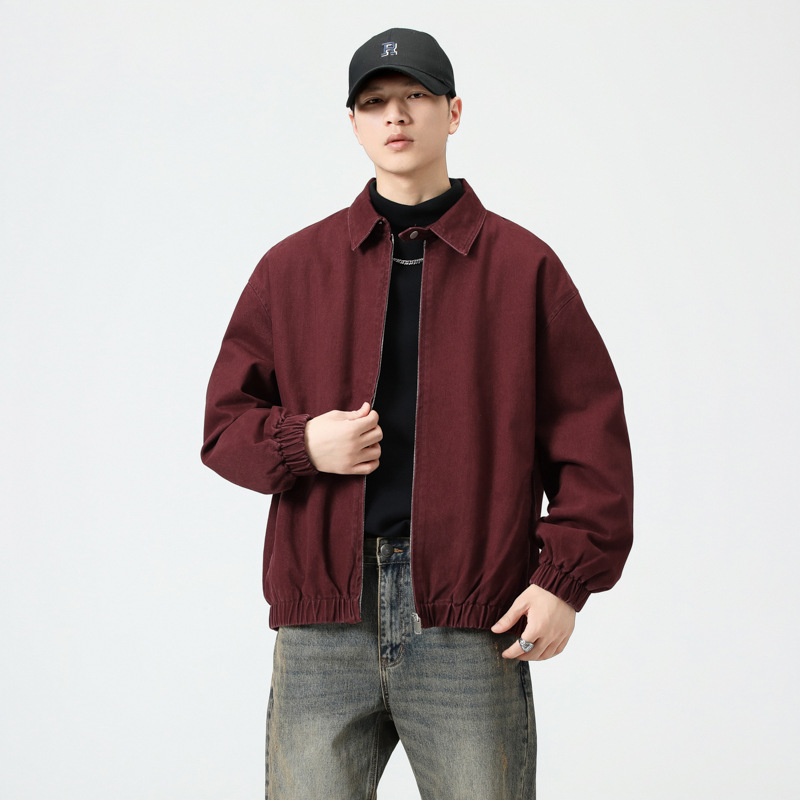 Pure Cotton Heavy Weight Vintage wine red Jacket Men's 2024 Autumn New Loose American Style Denim Jacket Men's Wear