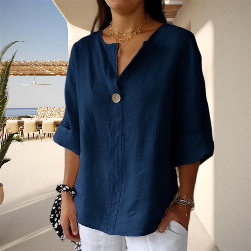 Women's Loose Fit V Neck 7/8 Sleeve Cotton Button Front Tunic Top – Casual Summer Blouse 2026_ecoleips.com
