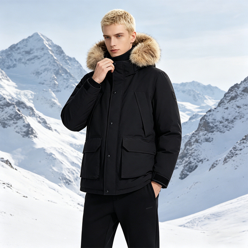 90 White Duck down Thickeneded Cold-Proof and Warm Hooded Workwear down Jacket with Fur Collar for Men Customized Windproof Parka Jacket