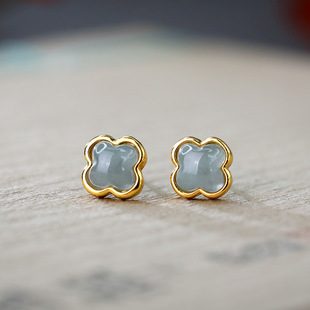 S925 Silver Plated with Natural Blue Water Jade Four-leaf Clover Lucky Simple All-match Classic Women's Small Earrings