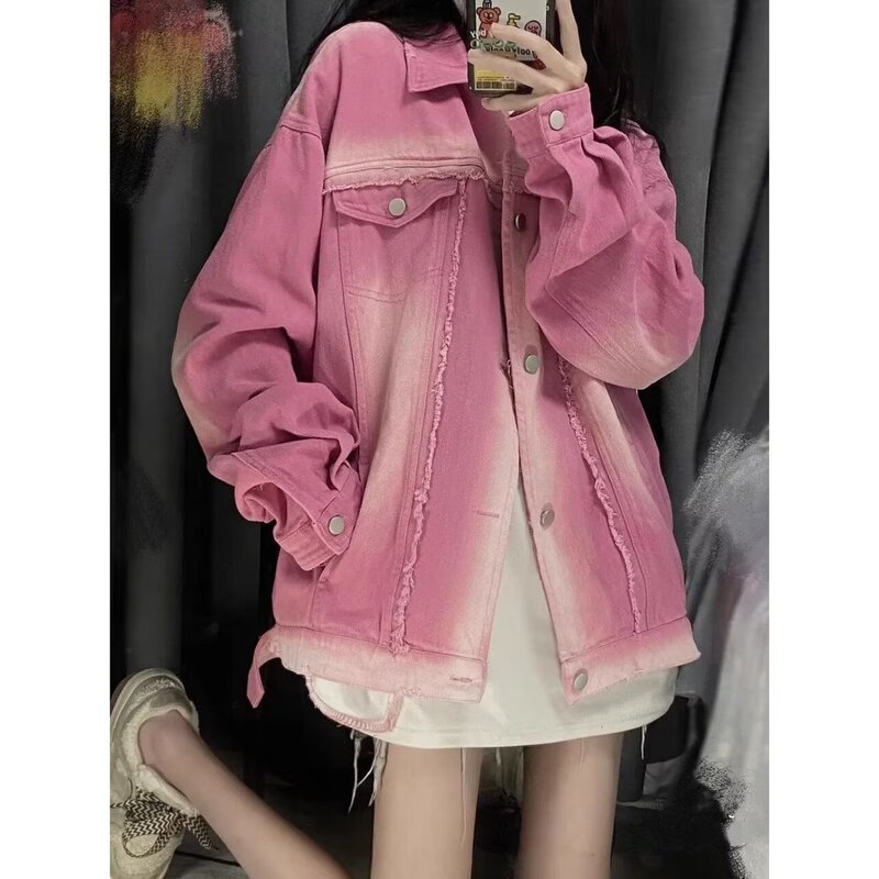 Autumn Teenagers New Casual Pure Pink Denim Jacket Girls Handsome All-match Couple's Korean Fashionable Jacket