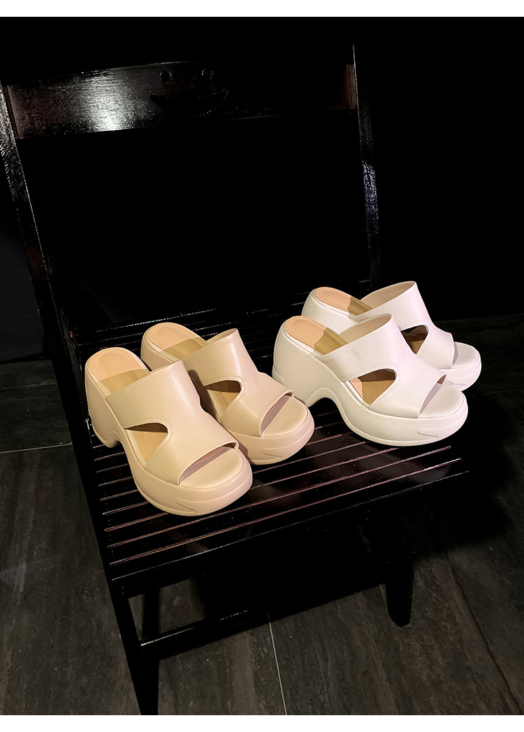 Dép sandal nữ quai chữ V đế bánh mì cao 10 cm da bò thật — màu trắng ngà, màu mơ chi tiết 13