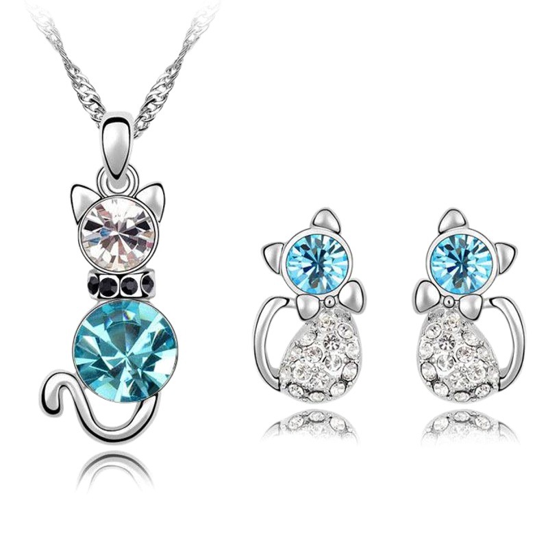 Traje de joyería al por mayor precioso gato cristal pendientes collar T traje -- 052