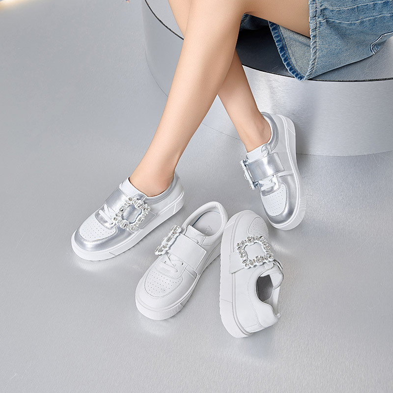 Square Buckle Rhinestone White Shoes Women's 2024 Genuine Leather Shoes Velcro Breathable Sports Casual Board Shoes Platform Loafers