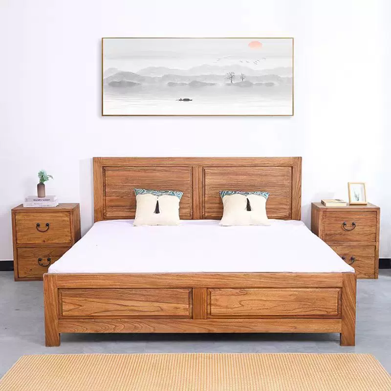 新中式老榆木床实木大床酒店民宿做旧卧室双人床仿古家具实木床