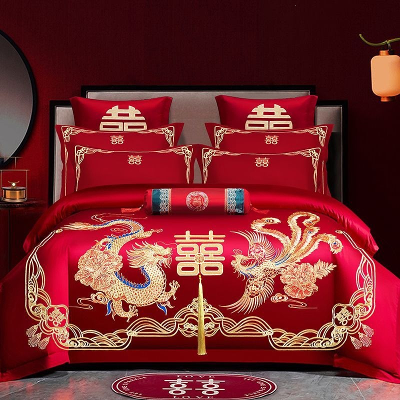 Cuatro piezas de boda china dragón-fénix bordado sábanas de boda rojas casa de boda colcha de cama image 24