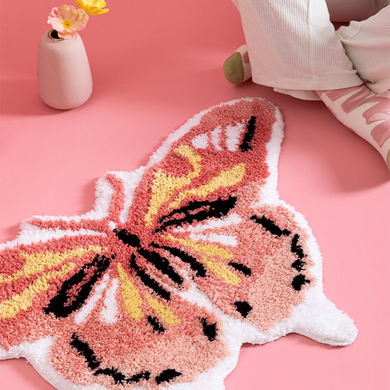Alfombra Flocada de Mariposa Tejido Flocado Absorbente y Plegable para Dormitorio