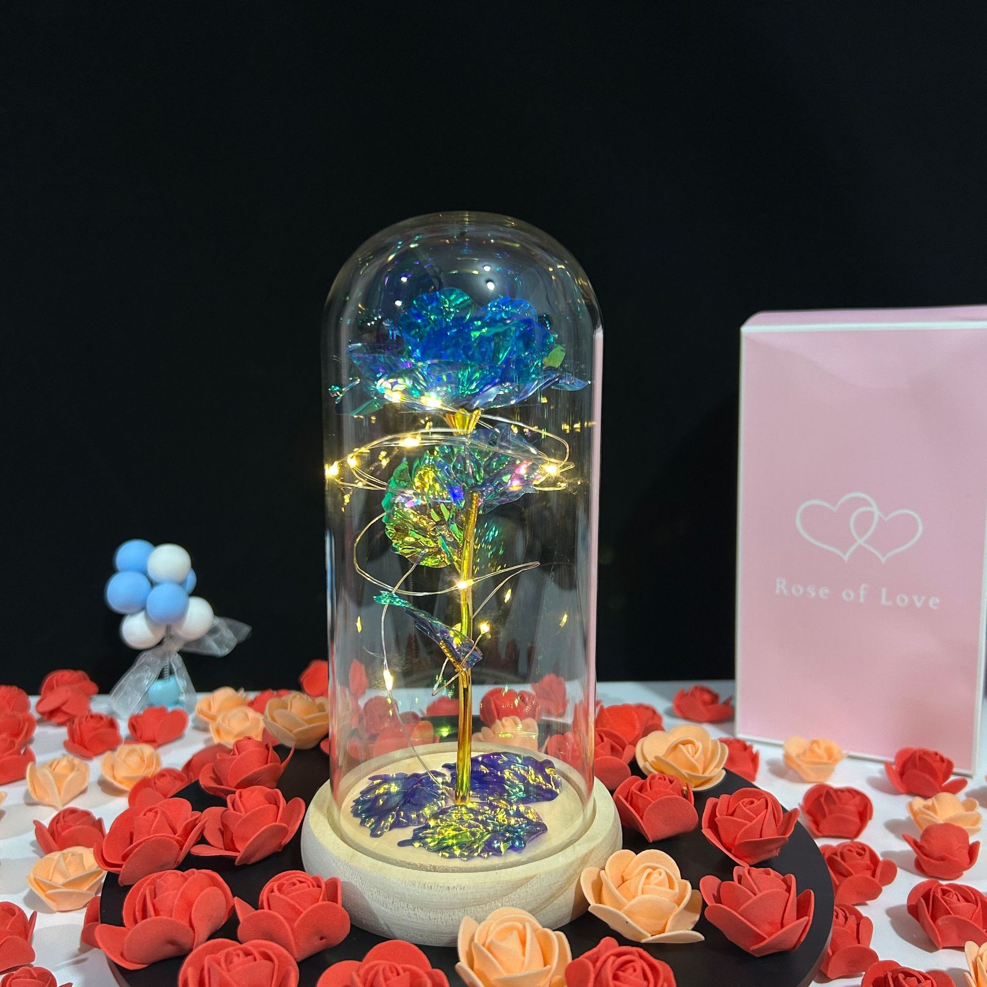 Cúpula de cristal con flor preservada 520, rosa del Día de San Valentín, adorno de linterna, regalo de Navidad, decoración de puesto de bodas, pequeño regalo