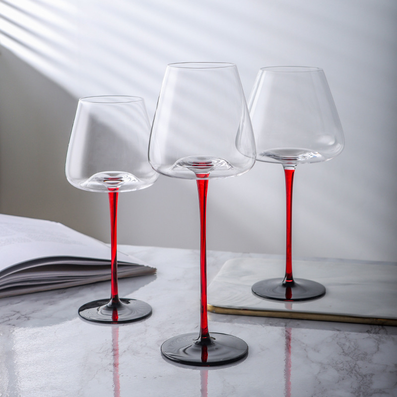 Concave-Bottomed Red Wine Glass with Red Stem, European-Style Wine Glass Set for Home Use, Crystal Glass Champagne Glass, Tall Stemware Concave-Bottomed Red Wine Glass with Red Stem, European-Style Wine Glass Set for Home Use, Crystal Glass Champagne Glass, Tall Stemware