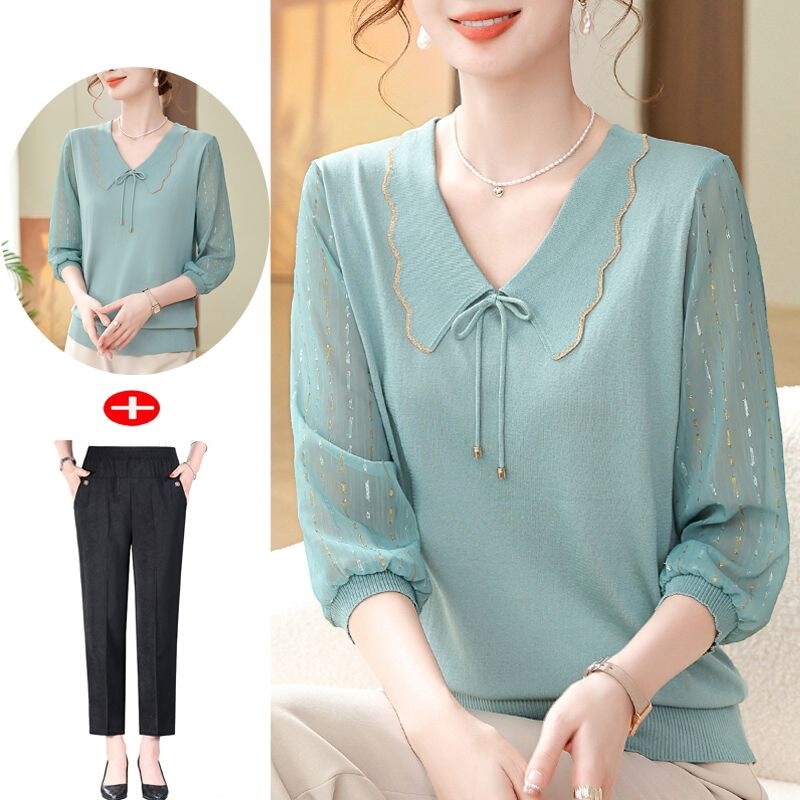 Shanlida Di Fashionable Young Mom Spring Outfit with Sheer Sleeves T-Shirt Blouse for Middle-Aged and Elderly Women Summer Stylish Three-Quarter Sleeve Top Shanlida Di Fashionable Young Mom Spring Outfit with Sheer Sleeves T-Shirt Blouse for Middle-Aged and Elderly Women Summer Stylish Three-Quarter Sleeve Top