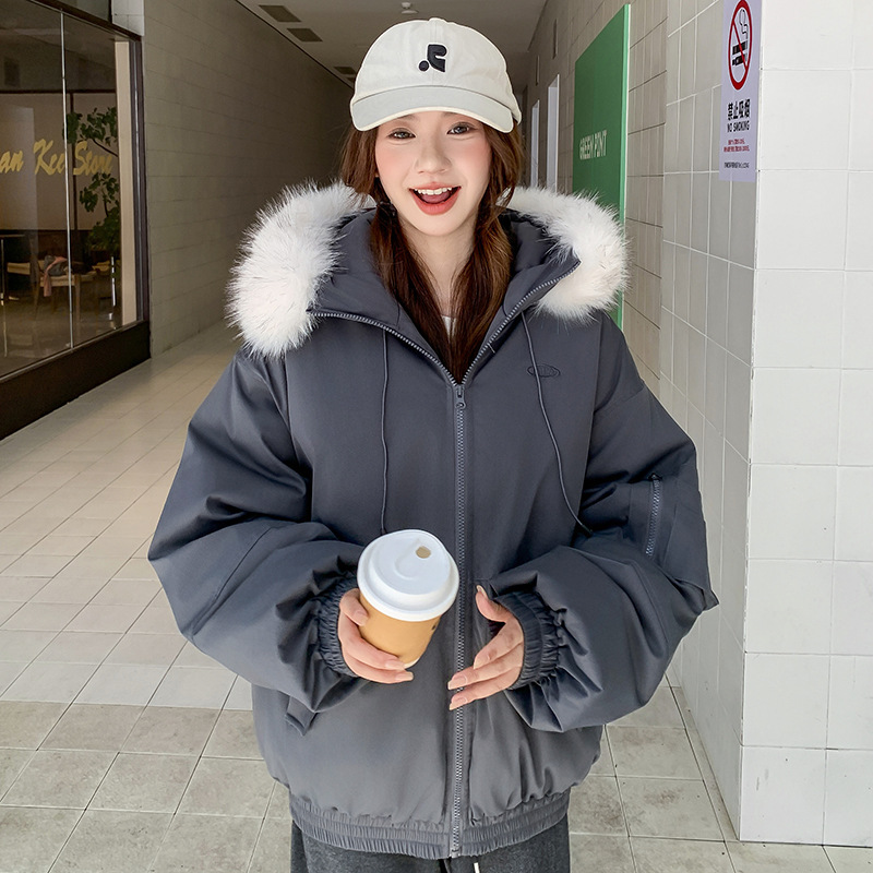 跨境实拍棉服女大毛领连帽2025新款冬季韩系冬装宽松加厚棉袄外套|undefined
