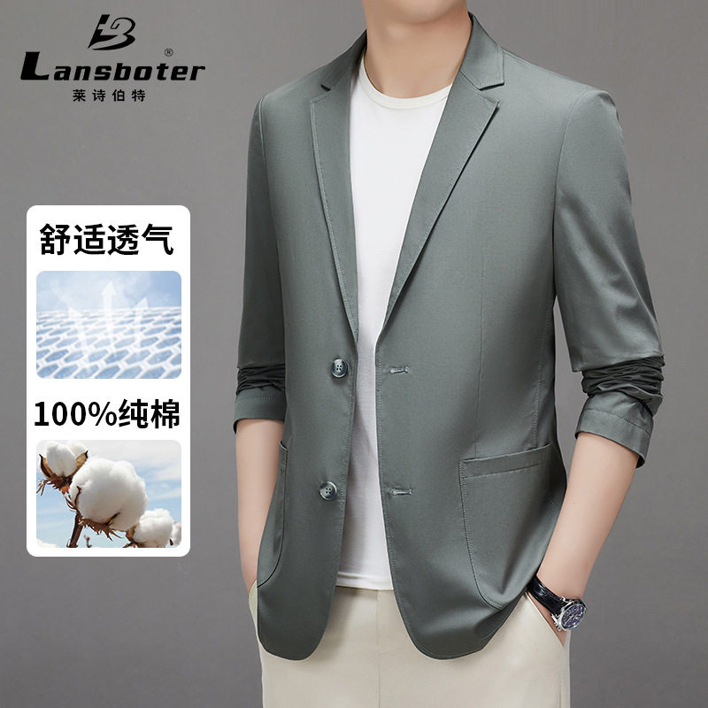 Áo vest nam cotton dáng ôm vừa vặn, cổ vest một hàng hai nút, tay dài, phong cách Hàn Quốc — Màu be, Màu xanh lam, Xanh lục Xám