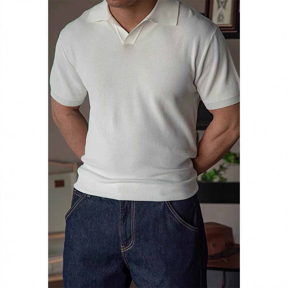 Deportes americanos correr con cuello en V Polo suéter de punto para hombre camiseta de manga corta solapa suelta top de color sólido primavera y verano