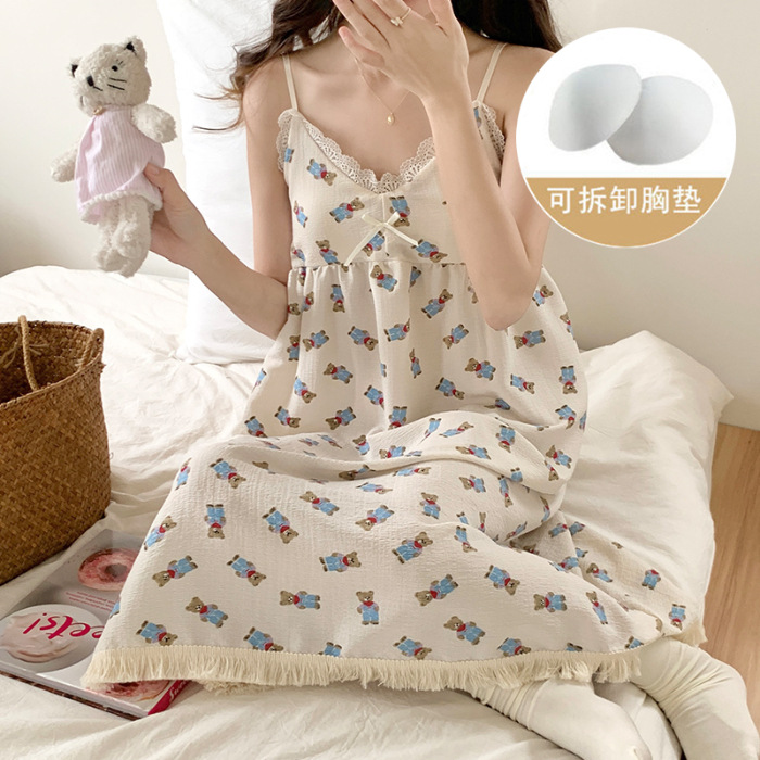 Pijama de mujer de verano dulce chaleco de cinturón de pecho tejido de algodón espuma tela arrugada pijama de mujer de verano vestido lindo