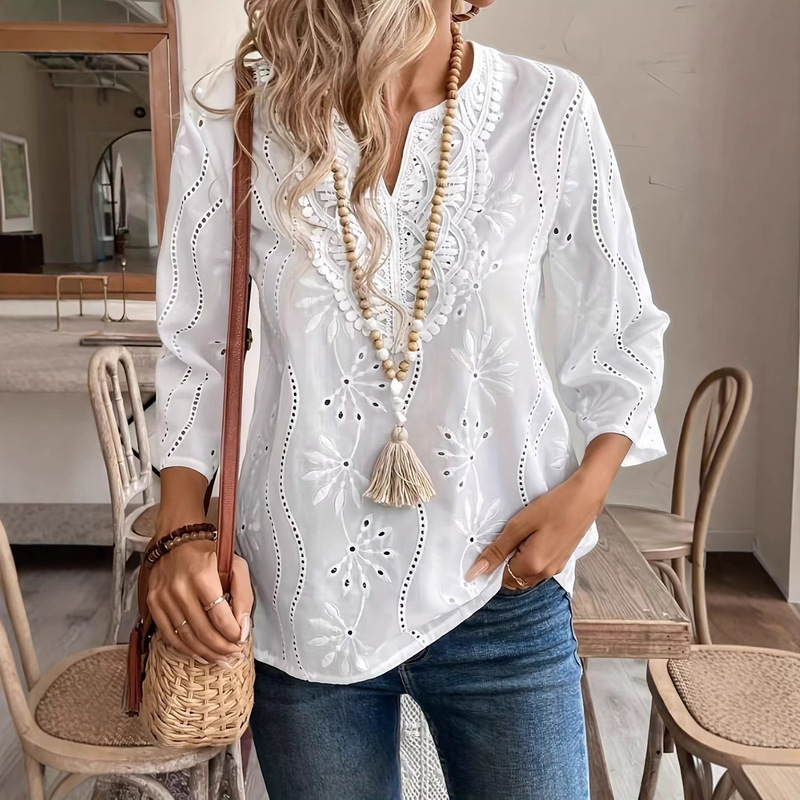 European and American Amazon Cross-border Spring and Summer New Women's Top Loose V-neck Lace Embroidered Shirt