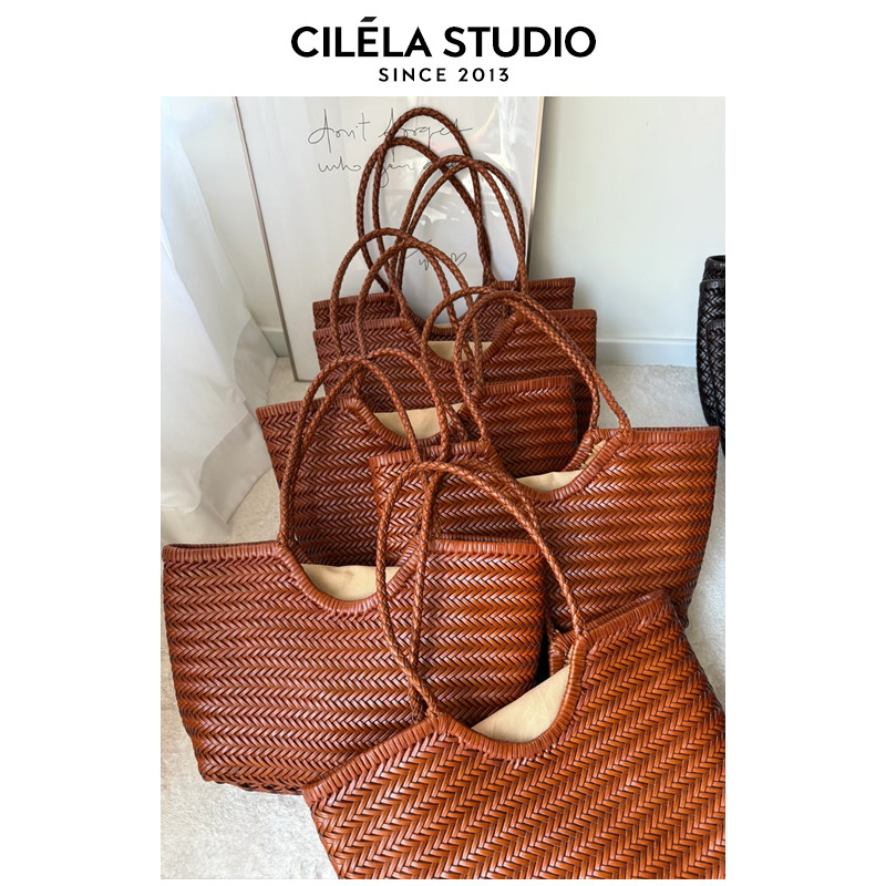 Hand-Woven Genuine Leather Basket Bag, Large Capacity Tote Handbag & Shoulder Bag For Women, Summer Vacation Underarm Bag
