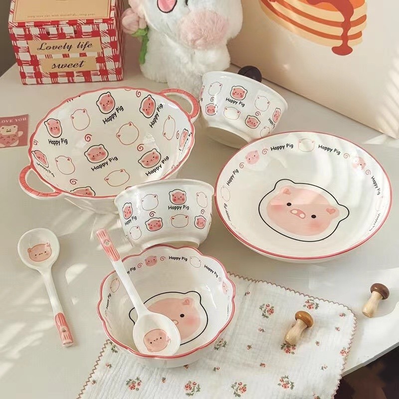 漫画かわいい豚インスタントラーメンボウル家庭用高価値セラミックライスボウルとプレート新しい釉下色のボウルと皿セットバッチ|undefined