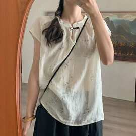 2026夏文艺复古风苎麻印花立领盘扣小飞袖套头衬衫百搭轻薄小衫女