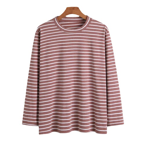 Women's Autumn Top, Fleece-lined Striped Long-sleeved Brushed Loose Plus-size Floor-length Comfortable Mom Base Shirt for Autumn