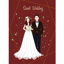 Q版卡通写实画 结婚情侣头像 婚礼婚纱照手绘插画 请帖设计