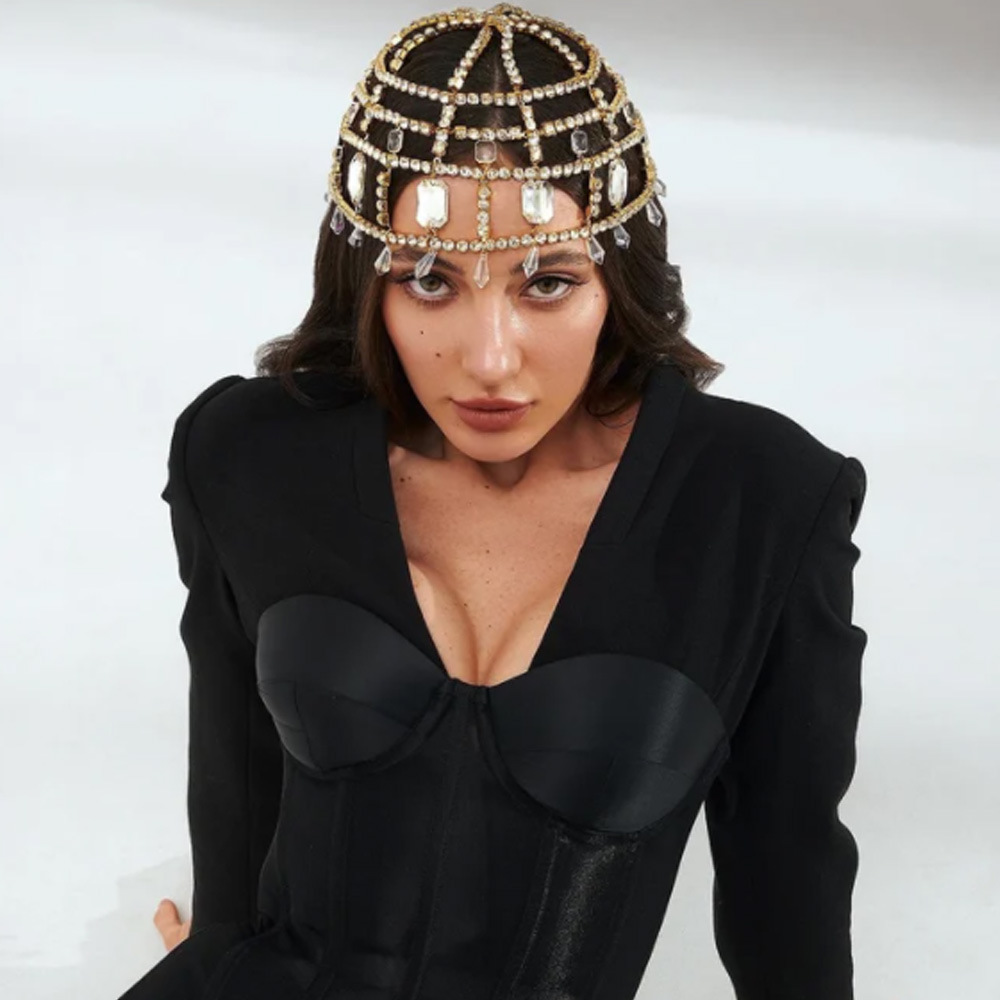 Venta caliente transfronteriza accesorios de malla exagerada rhinestone temperamento cadena del pelo Super brillante diamante completo accesorios para el cabello cadena del pelo de las mujeres europeas y americanas