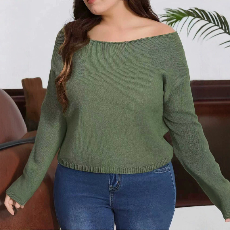 Cross-Border Autumn New Pure Green Loose Sweater with Dropped Shoulders and Long Sleeves, European and American Plus-Size Women's Off-Shoulder Knit Top