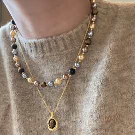 新款复古棕色虎眼石正圆施家珍珠项链轻奢小众设计高级感毛衣链