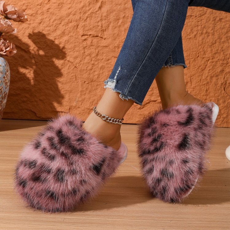 Cross-Border Large Size Mixed Color Fluffy Plush Slippers with Soft Flat Soles, Winter Closed-Toe Home Maternity Warm Cotton Slippers