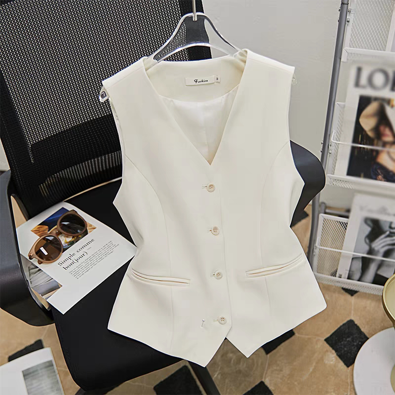 French Retro Fashion Tight Waist Short Vest Jacket Women's Summer High-end Sense Elegant V-neck White Suit Vest